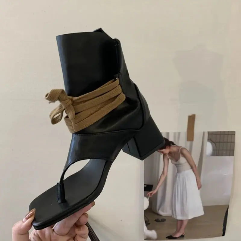 Woman Chunky Heels Boots Thong High-toe Shoes Lace Up High Heels Sandals Trends