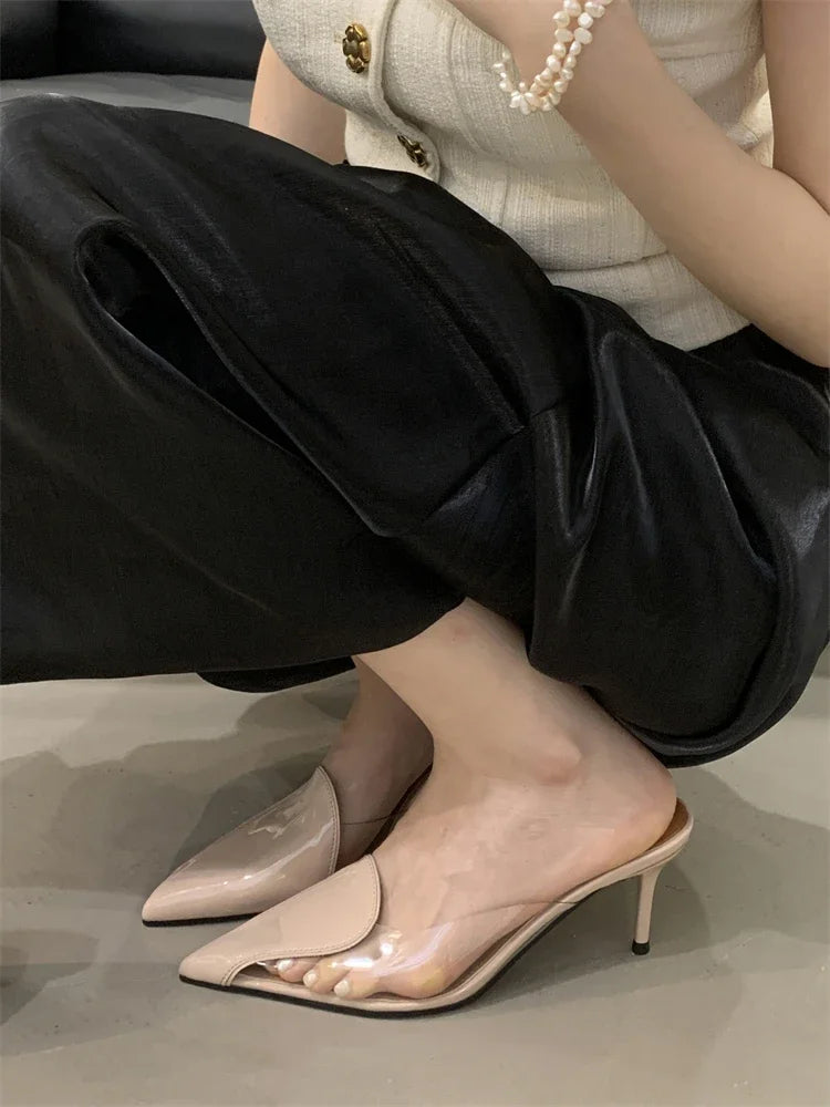 PVC Transparent Thin High Heels Slipper Pointed Toe Stripper Party Mule Slides Shoes Zapatos De Muje