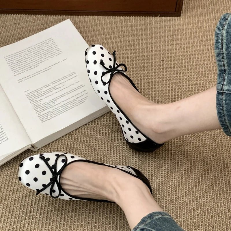 Polka Dot Butterfly-Knot Ballet Flats Round Toe Shallow Comfort Casual Satin Elegant Footwear