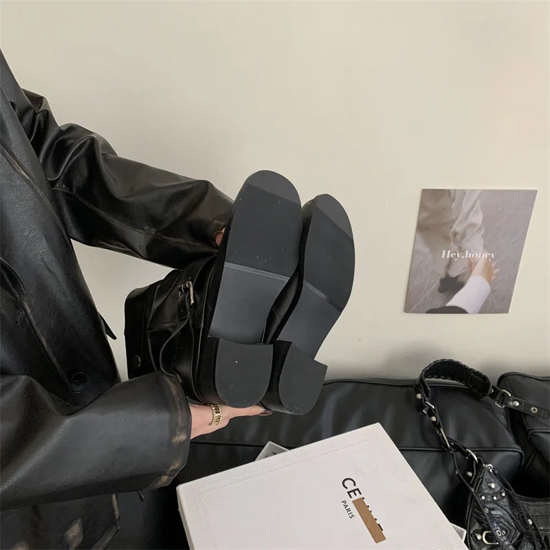 Black Boots Round Toe Chunky Heels Fall Shoes Belt Buckle Cowboy Boots