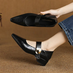 French thick-heeled magic sticker shallow shoes pointed and versatile non-slip small leather shoes