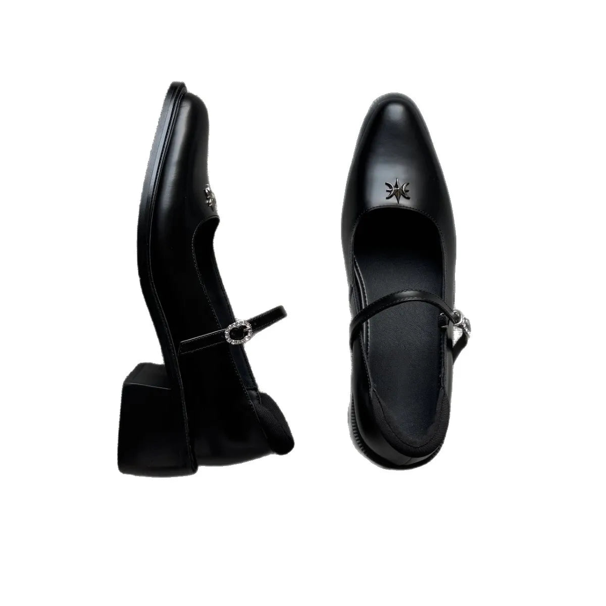 Shallow Mouthed Mary Jane Shoes Thick Heel with A Single Button Leather Shoes Metal Decorative Leisure Flat Shoes