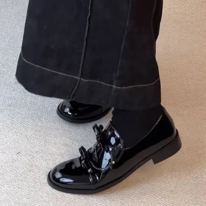 Preppy Double Bowtie Oxfords Woman Low Heels Flats Shiny Small Leather Shoes College Girls Sneakers Femmes Derby Loafers