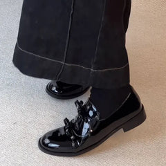 Preppy Double Bowtie Oxfords Woman Low Heels Flats Shiny Small Leather Shoes College Girls Sneakers Femmes Derby Loafers