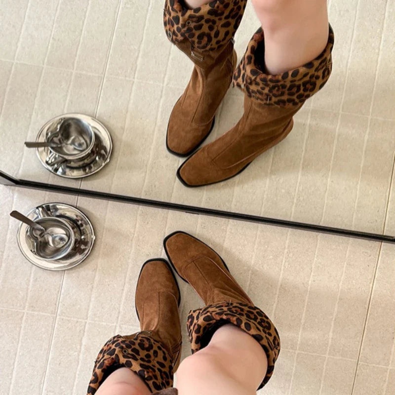 Thick Heels Woman Knight High Boots Square Toe Party Vintage Western Long Booties