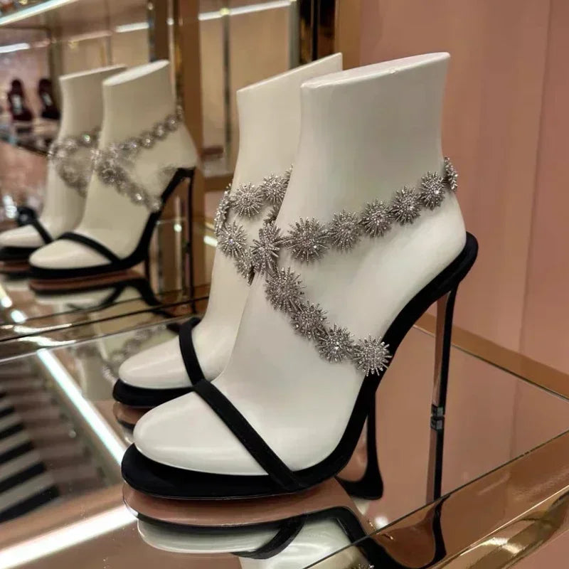 Rhinestone Thin High Heels Cross-tied Glittering Heeled Sandals Elegant Evening Party Shoes