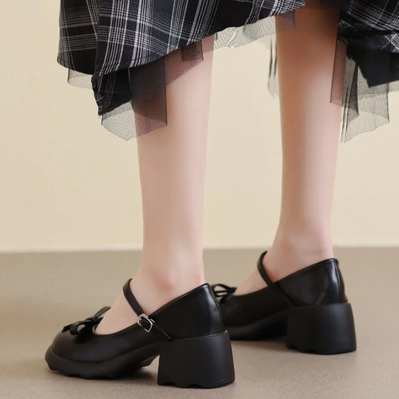 Style Mary Janes Shoes Elegant Chunky Platform High Heels Shoes Bow Ankle Buckle Party Shoes