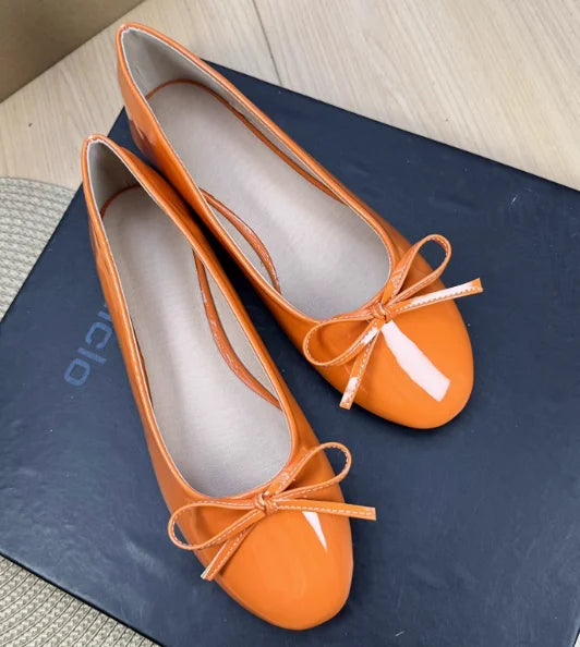 Round Toe Ballet Flats Spongy Bottom Hot Italian Shoes Patent Leather Classic Bow-Knot Dressing Slip-On 34 48 47