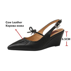 Genuine Leather Slingbacks Pumps Pointed Toe Silver Black Wedges Heels Shoes Woman Pumps