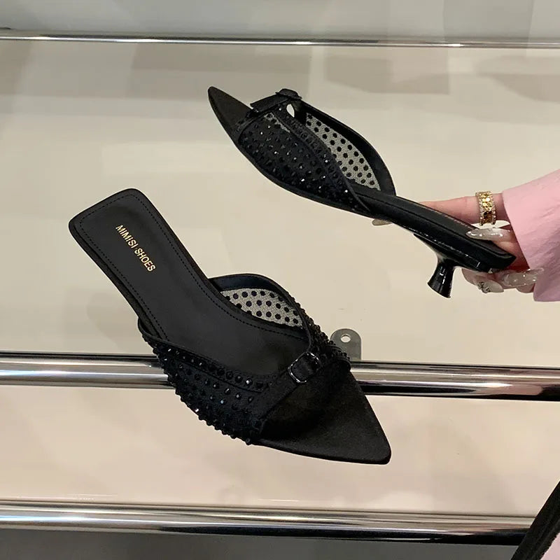 Pointed Toe Footwear Heeled Slippers Slides Shoes Rhinestones Low Heel Sandals Shoes