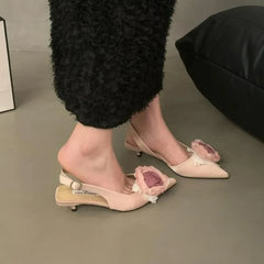 Flower Sandals Elegant Satin Mule Shoes Pointed Toe Pumps Low Heel Flowers Slingback Sandals