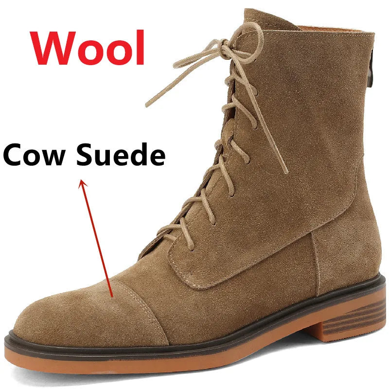 Ankle Boots Office Casual Genuine Leather Wool Low Heels Comfortable Shoes Woman High Quality