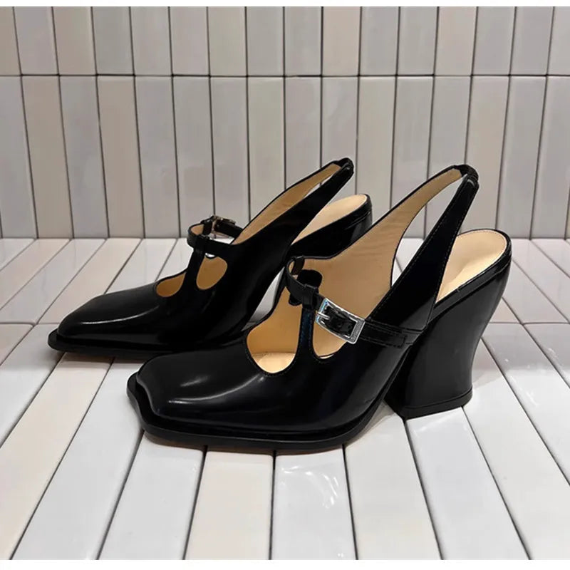 Black Patent Leather Mary Janes Slingbacks Wave Toe Chunky High Heels Office Lady Daily Shoes
