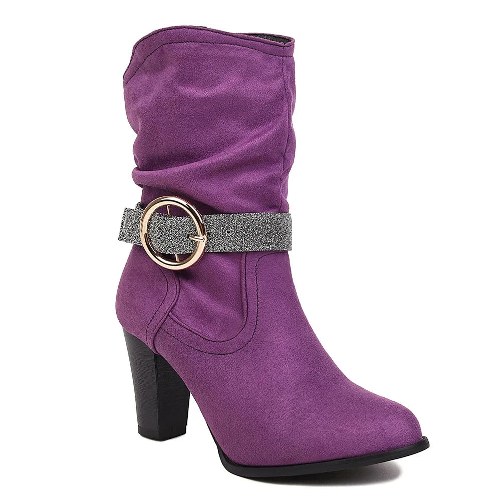Pointed Toe Square Root Mid-Calf Boots Shiny Buckle Party Shoes Woman
