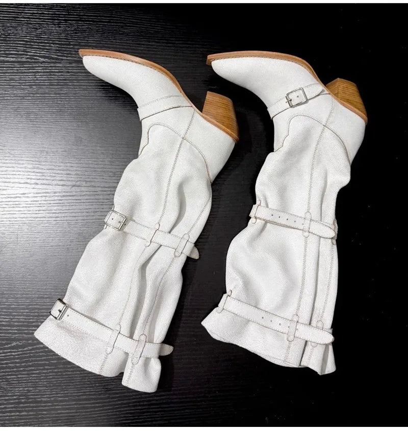 Vintage Pleated Belt Buckle Faux Suede Knee High Boots High heels Western Cowboy Knight Boots Shoes