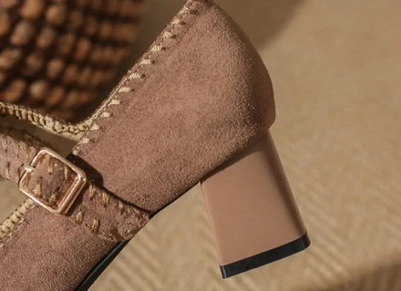 High Heeled One-word Buckle with Light Mouth Pumpss Thick Heel Small Square Head Mary Jane Shoes