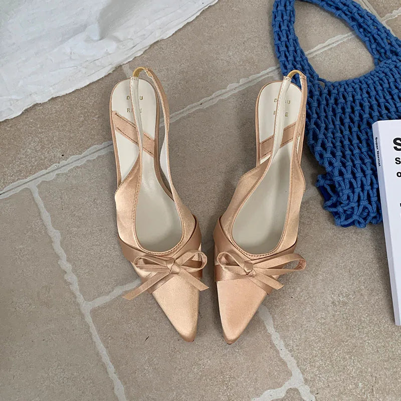 Butterfly-Knot Medium Heels Pumps Shoes Slingbacks Footwear Shallow Thin Heels Shoes Sandals
