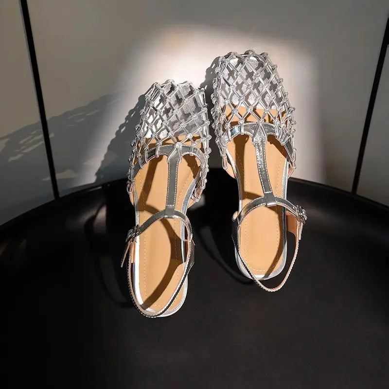 French Retro Hollowed Out Mesh Sandals Square Toe Sandals