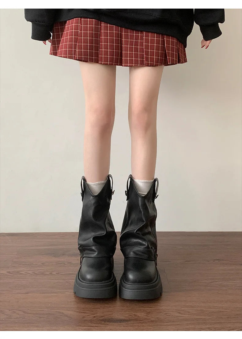 Knee High Boots Western Round Toe Long Boots Western Shoes Chunky Heel Platform