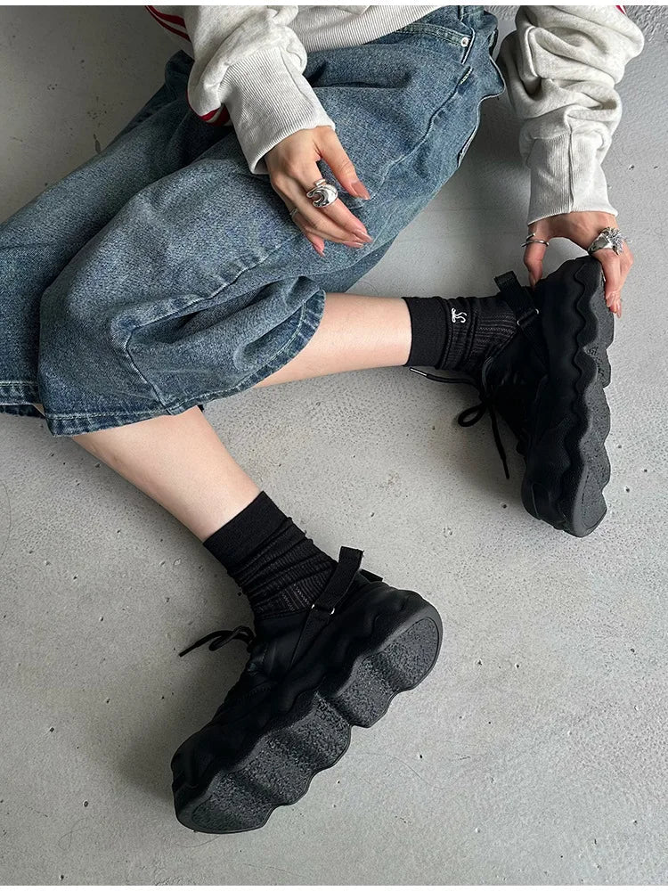 Street Explosion 5CM Mary Jane Sandals Wave Thick Bottom Lace Hollow Big Head Bread Shoes