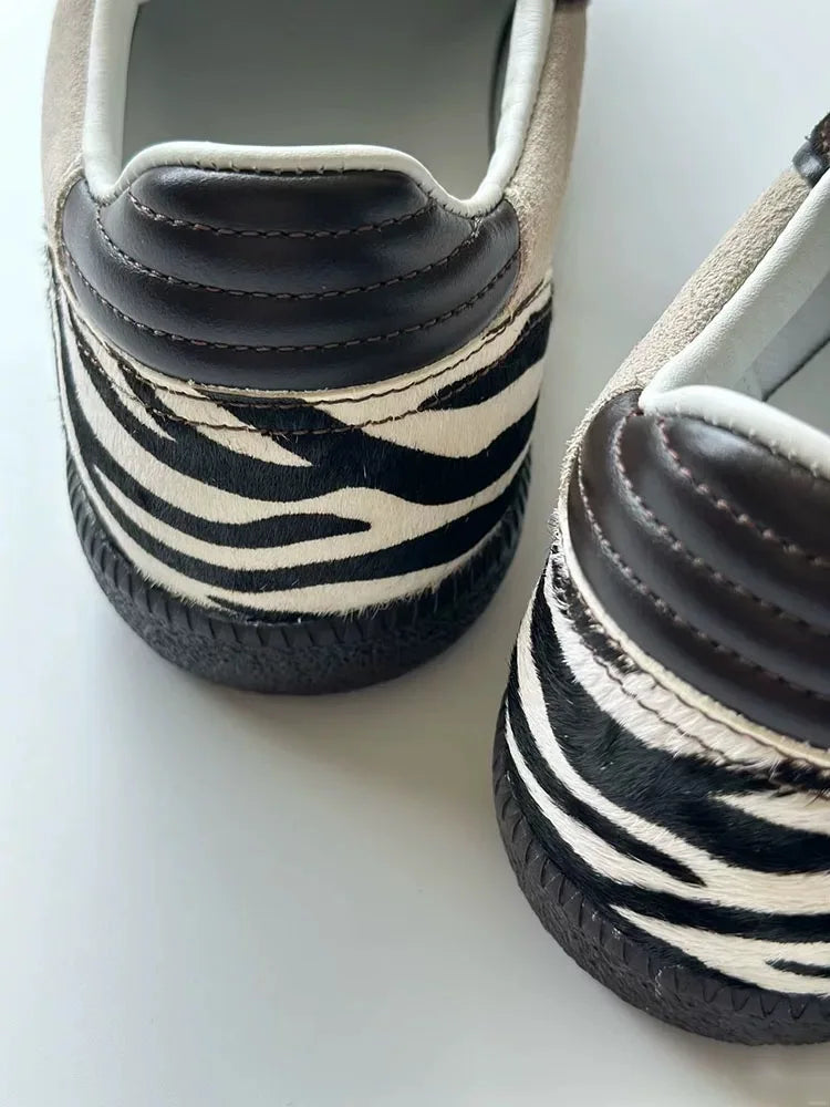 Zebra Stripes Flats Sports Shoes Leather Patchwork Breathable Sneakers Casual Lace Up Comfort Running Shoe