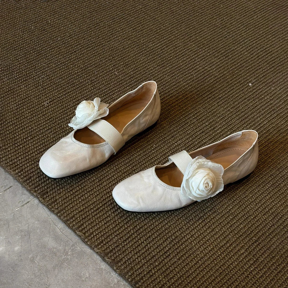 Brown Leather Mary Jane Flats Square Toe Elastic Strap Flower Decoration Stylish Footwear