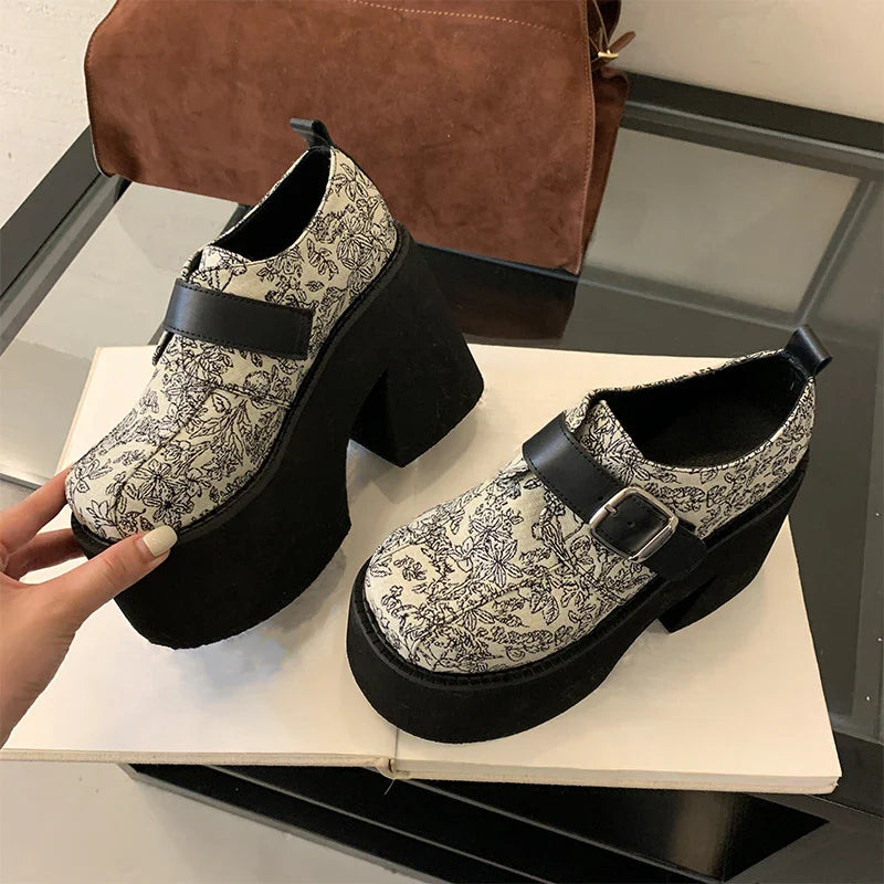 Chunky Platform Buckle Strap Street Style Round Toe Very Square High Heels Stripper Club
