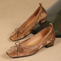 genuine leather square toe slip-on flats slim single shoes sweet bowtie retro daily footwear soft comfort shoes