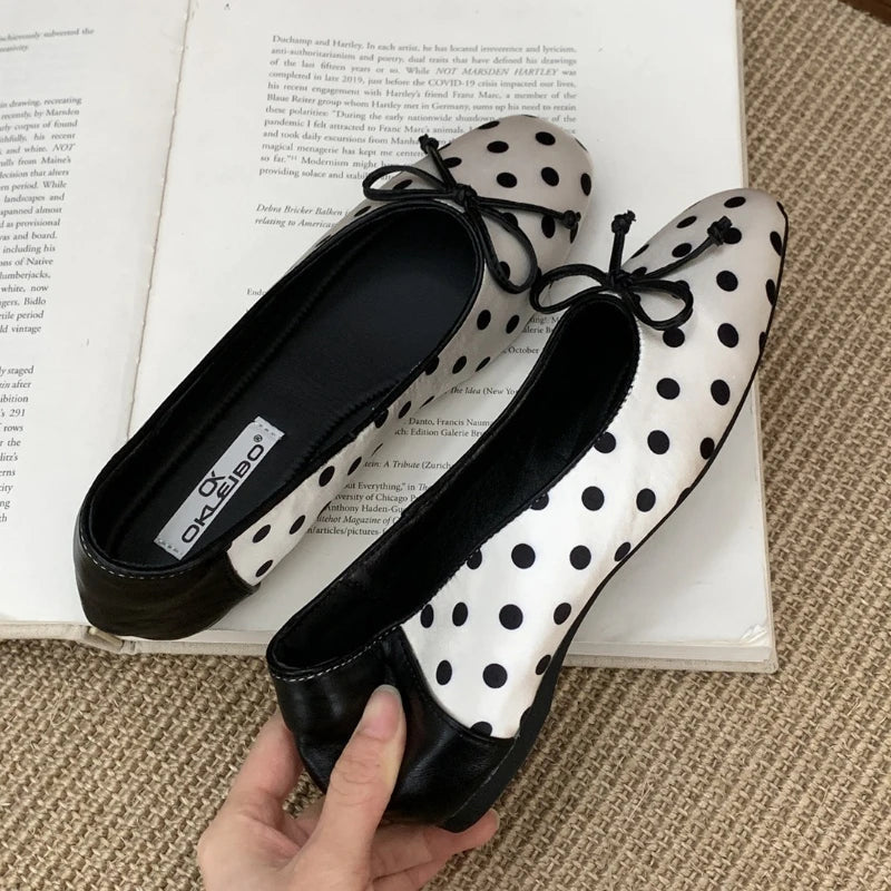 Polka Dot Butterfly-Knot Ballet Flats Round Toe Shallow Comfort Casual Satin Elegant Footwear