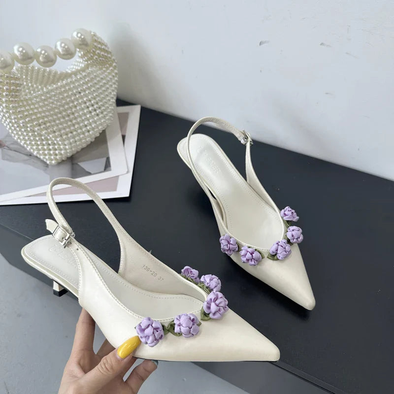 Pink High Heels Pointed Toe Slingback Shoes Small Flower Low Heel Office Shoes Black Pumps White Talons Femme