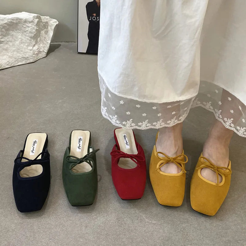 Flat Slipper Square Toe Slip On Mules Shoes Soft Flat Heel Outdoor Dress Sandal Slides Woman