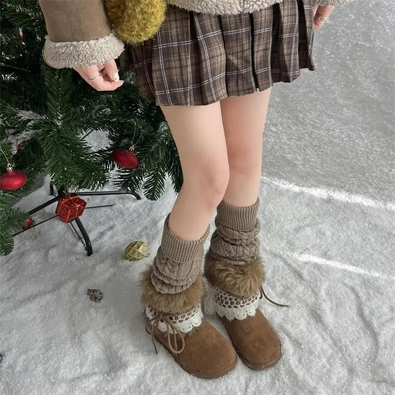 Sweet Lace Decoration Furry Suede Snow Boots Thick Bottom Fluffy Fur Ankle Boots Warm Plush Shoes