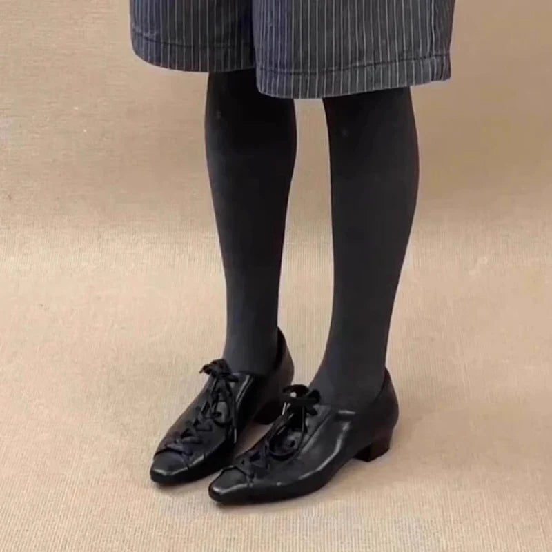 Black British Style Leather Shoes Retro Lace Up Mid Heel Pumps Comfortable Elegant Commuter Office Shoes Zapatos De Mujer