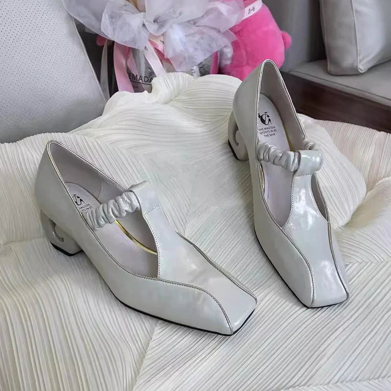 Sandals Square Toe High Heels Shoes Woman Brand Dress Leather Shoes Chunky Pumps Mujer De Sandalias