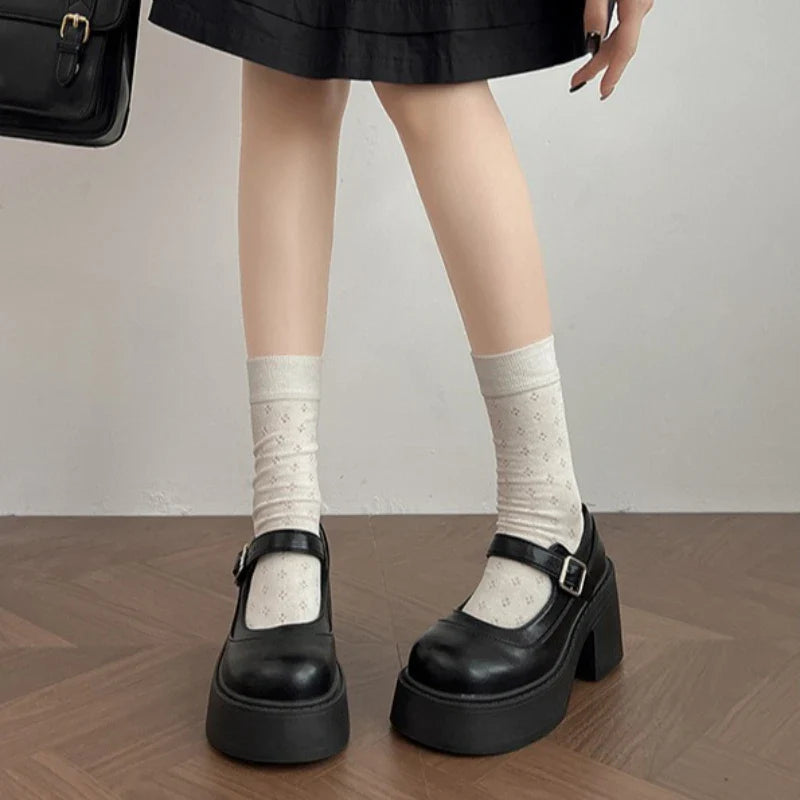 Vintage Platform Thick Bottom Mary Jane Shoes Shallow Round Toe Shoes Elegant Party Leather Shoes