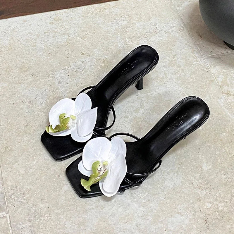 Slip Square Toe High Heels Pumps Slides Shoes Flower Thin Heels Shoes 2025