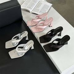 Square Clip Toe Slippers High Heels Casual Slides Sandals Flip Flops Shoes