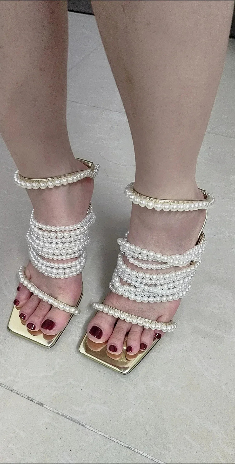 Brand Desigh Gold String Bead Pearl Wrap Slip On Thin Heels Party Elegant Bride Wedding