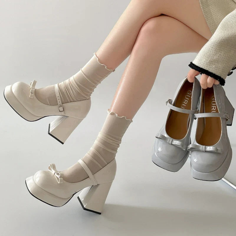 Platform Thick Heel Mary Jane Shoes Square Toe Shoes Elegant Height Increase