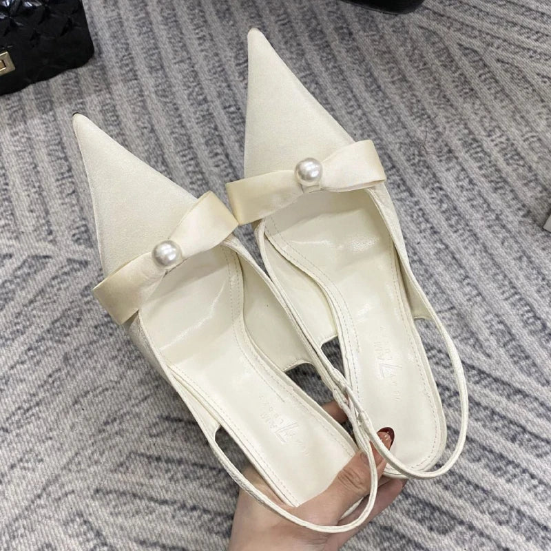 High Quality Satin Bow Pumps Pointed Toe Thin Heeled Backless Brand Shallow Mouth Sandal