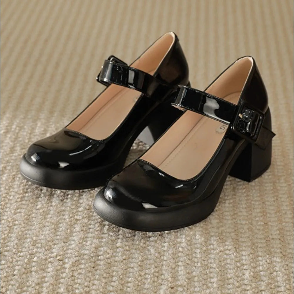 High Heels Word Belt Mary Jane Single Shoes Thick Heel Light Mouth Buckle High Heel Leather Shoes