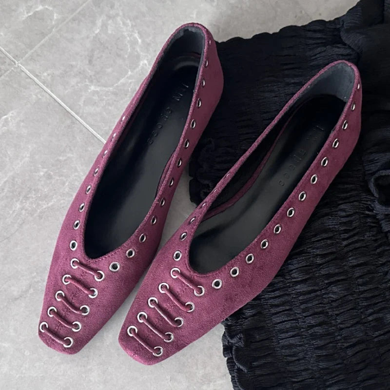 High Quality Faux Suede Flat Mary Jane Shoes Rivets Lace Up Brand Shoes Comfortable Soft Sole Office Shoe