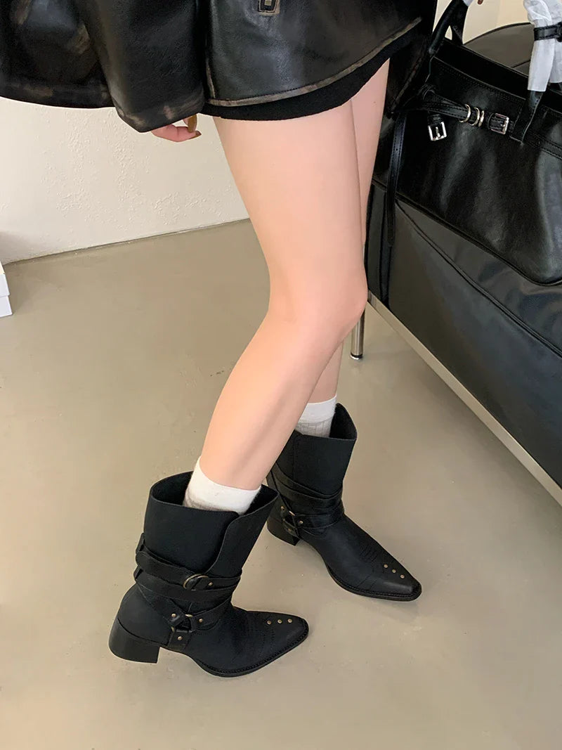 Black Chunky Heels Ankle Boots Woman Pointed Toe Rivet Fall Shoes Belt Buckle Western Style Cowboy Boots Zapatos Mujer