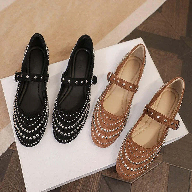 Retro Rivet Mary Jane Shoes Belt Buckle Shallow Round Toe Single Shoes Suede Elegant Ladies