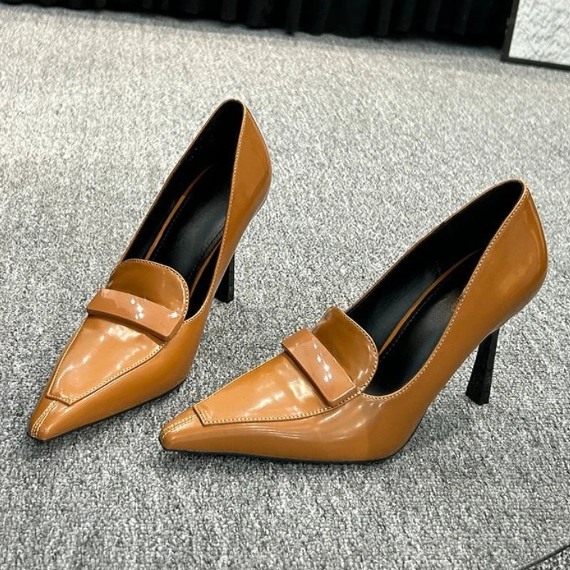 Pointed Toe Patent Leather High Heels Sewing Thin Heel Shoes Elegant Comfort Commuting Office Shoes