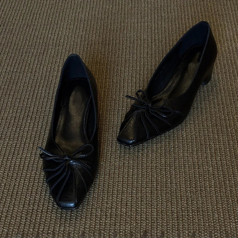Square Bow Decorative Flat Shoes Leather Pleated Shallow Mouth Loafers Shoes Outdoor Comfortable Shoes