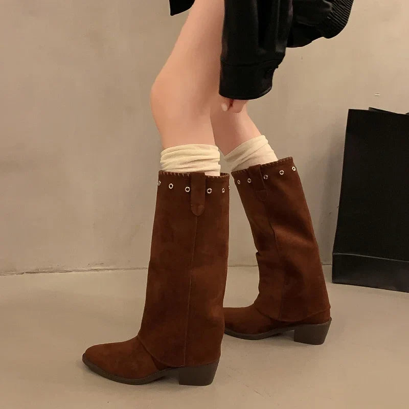 Vintage Thick Heel Western Cowboy Boots Button Combination Splicing Shoes Pipe Long Booties