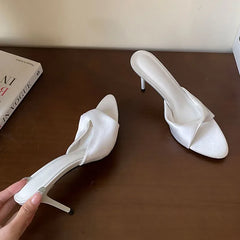 Silk Thin Heels Pumps Slides Shoes Slip Round Toe High Heels Shoes
