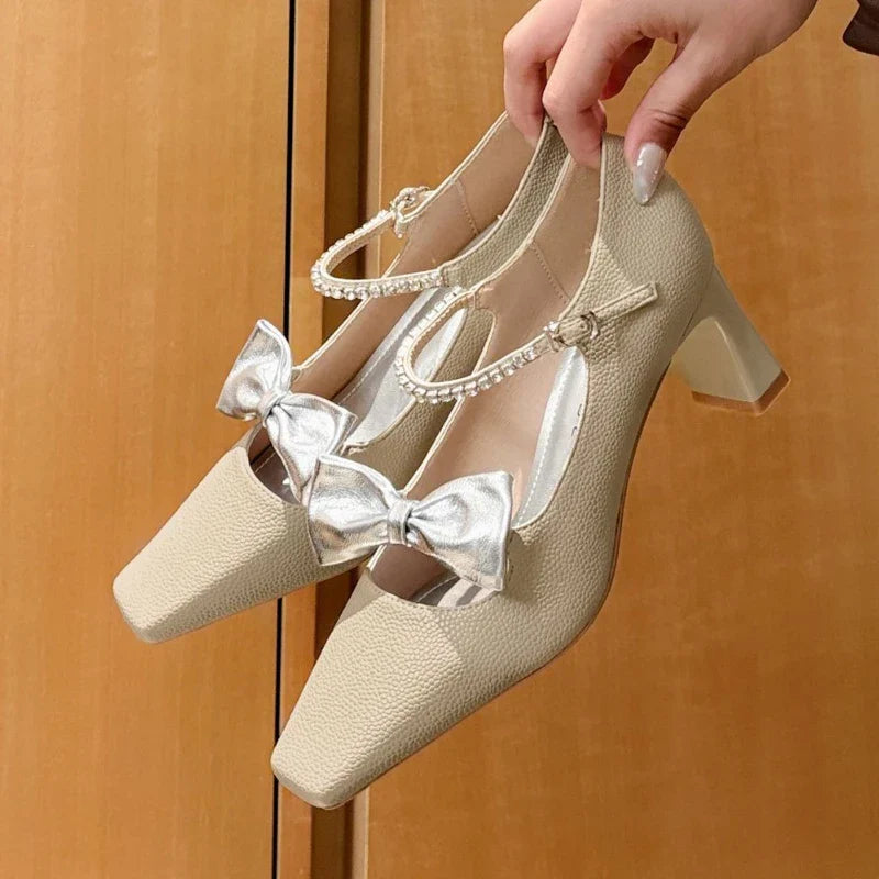 Elegant Bow Decoration Chunky Heel Pumps Rhinestone Ankle Strap Square Toe High Heels Wedding Bride Shoes
