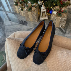 Suede Bow Ballet Style Flat Shoes Square Toe Shallow Mouth Loafers Shoes Outdoor Comfortable Shoes